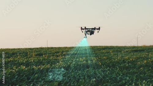 Flying Smart Agriculture Drone. Artificial Intelligence. Drone Scan Agriculture Farm. Agriculture Innovation. Farming Field Industry. Analyze the Field. Professional Vehicle Aircraft. photo