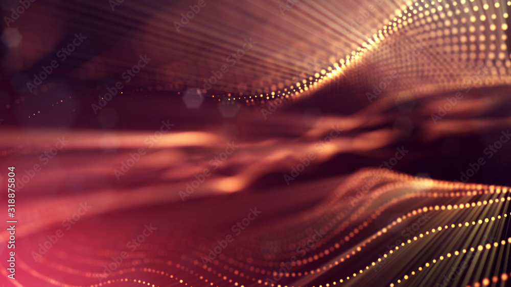 Microworld or sci-fi theme. 3d rendering background of glowing particles that form curved lines and 3d surfaces, grid with depth of field, bokeh. Golden red version 6 Microworld or sci-fi theme. 3d rendering background of glowing particles that form curved lines and 3d surfaces, grid with depth of field, bokeh. Golden red version 6