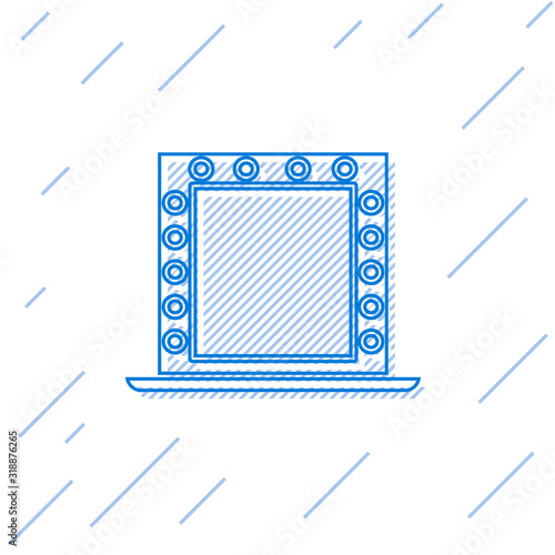 Blue line Makeup mirror with lights icon isolated on white background. Vector Illustration