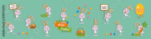 Big set of cute Easter rabbits with Easter eggs, grass, banners. Funny bunnies, isolated vector characters for festive design