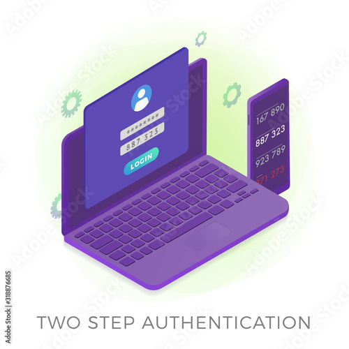 2FA Two Step Authentication - 2 steps verification secure password concept. Isometric laptop and smartphone with UI UX authentication login form. Isolated on white background.