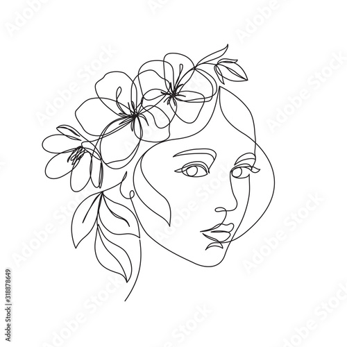 Woman face with flowers one line drawing. Continuous line drawing art. Flower bouquet in woman head single line art. Vector line illustration. Nature cosmetics. Minimalist Black White Drawing Artwork