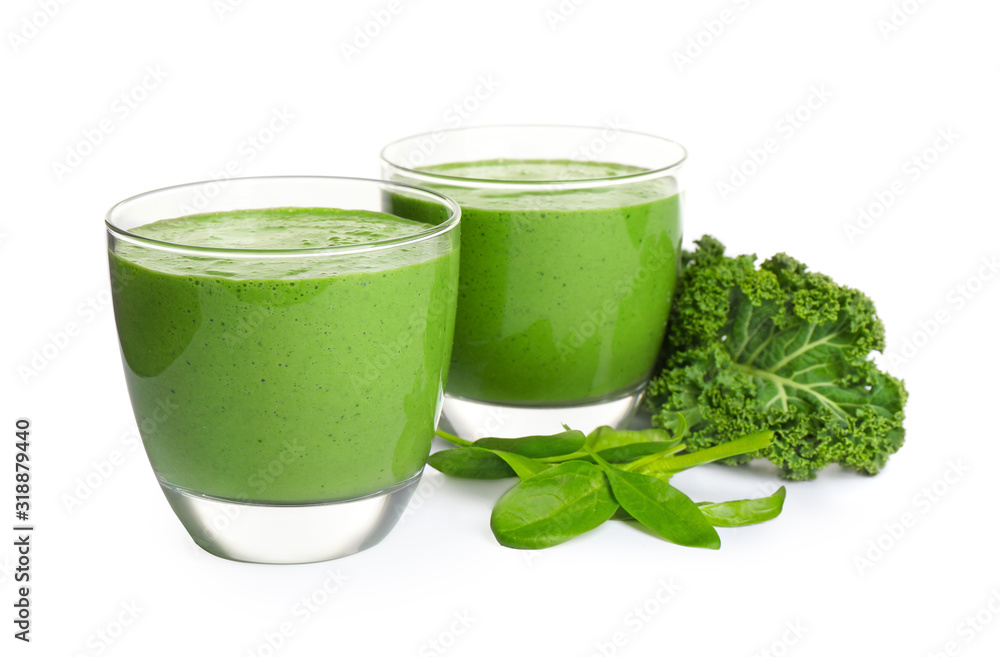 Tasty fresh kale smoothie with spinach isolated on white Tasty fresh kale smoothie with spinach isolated on white