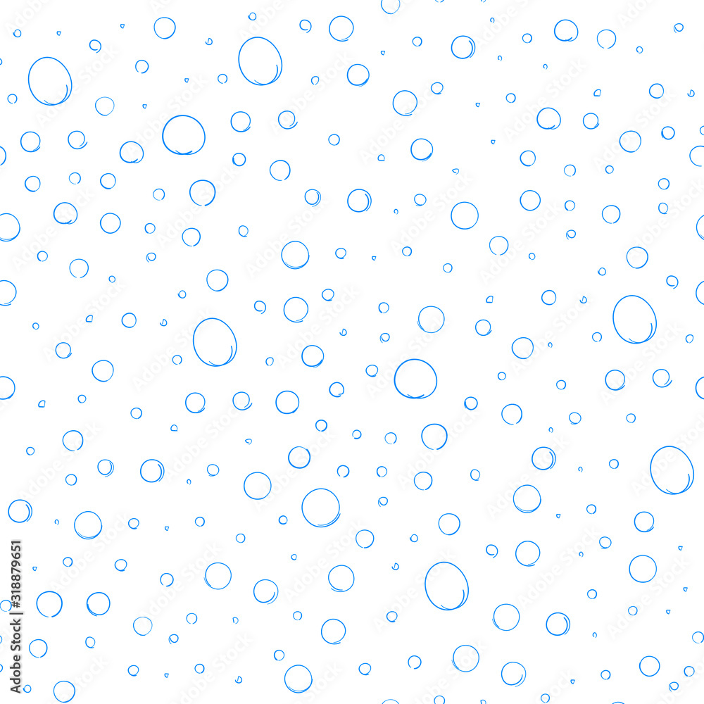 Vector Seamless Pattern, Hand Drawn Blue Bubbles, Underwater Doodle Illustration.