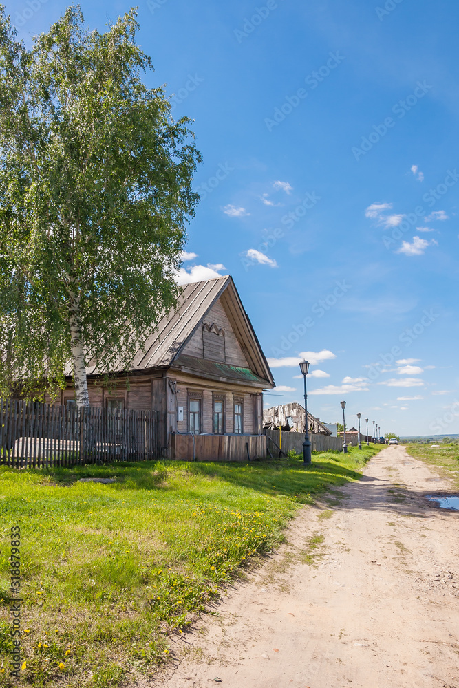 House with a birch in a village House with a birch in a village