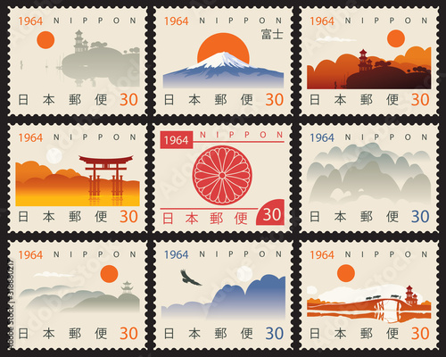 Set of vector postage stamps on the theme of Japanese culture in retro style. Decorative Japanese landscapes with a hieroglyph Japan Post
