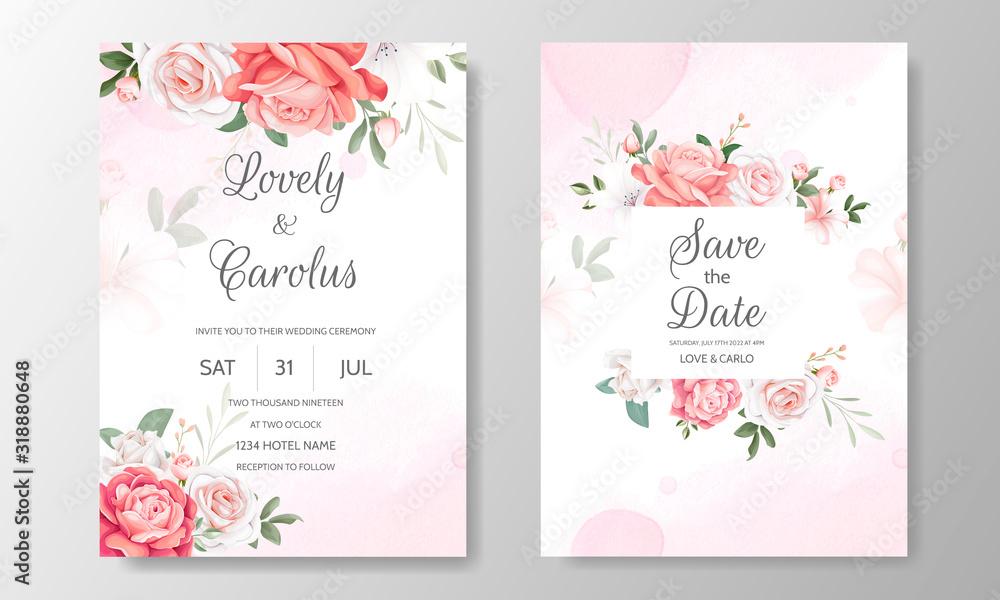 Obraz premium Floral wedding invitation card template set with beautiful flowers border 