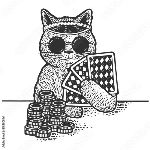 Cartoon cat poker player sketch engraving vector illustration. T-shirt apparel print design. Scratch board imitation. Black and white hand drawn image.