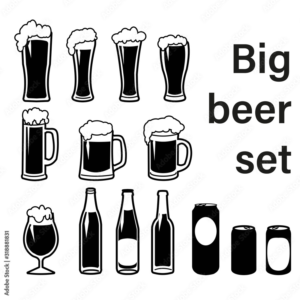 Set of beer mugs, bottles and glasses Set of beer mugs, bottles and glasses