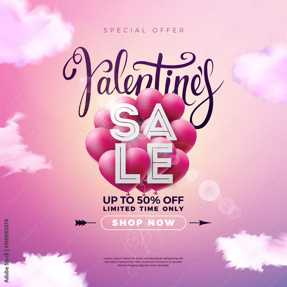 Valentines day sale design with red heart balloon on pink background. Vector special offer illustration for coupon, banner, voucher or promotional poster.