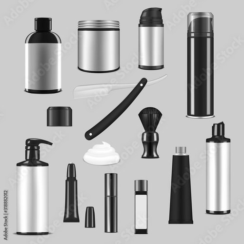Cosmetics for men set, realistic vector mockup. Male grooming cosmetic products, mock-up. Template for design