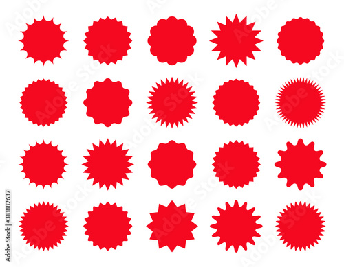 Starburst sticker. Vector. Star burst price icon. Round sale tag badge. Circle sale buttons. Sunburst label isolated on white background. Set red shapes. Color illustration. Simple empty wave pricetag