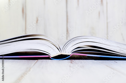 Opened book on a light wooden background.
