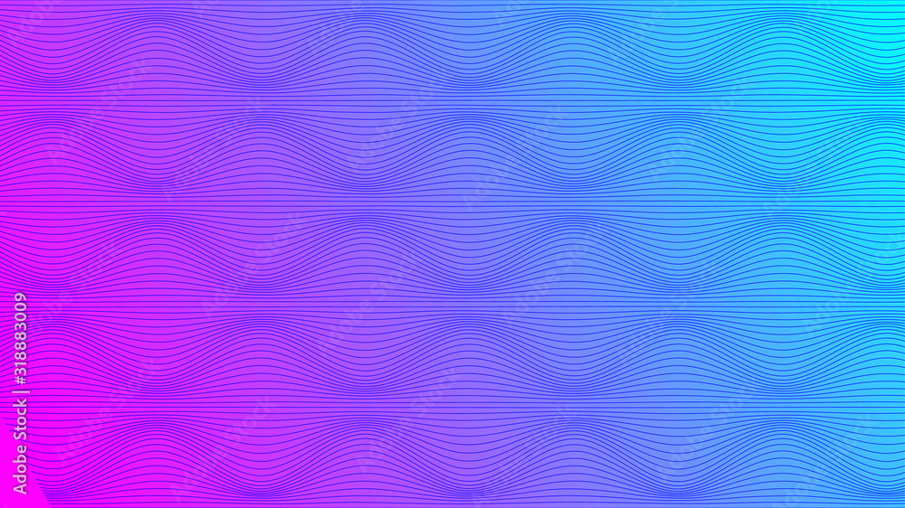 Illustration of abstract neon background, blue and pink gradient, waves and glow. Vector illustration.