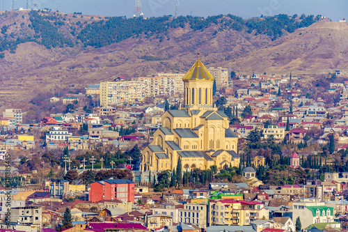 Holy Trinity Cathedral in Tbilisi in winter 2020. Bird's eye view photo