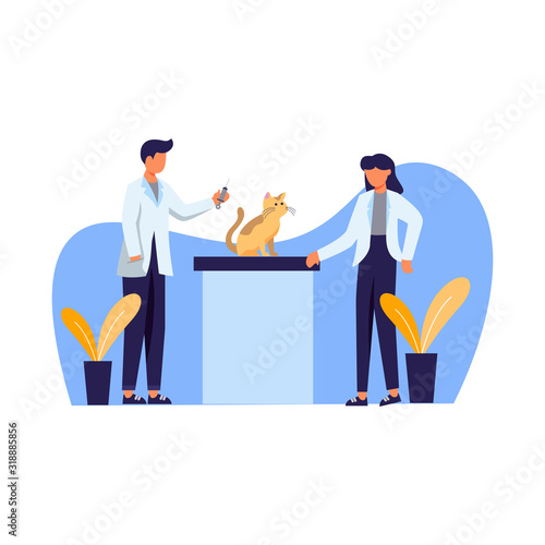 veterinarians check pet health, dog, kitten and bird vector illustration