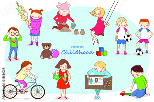Collection of images on the theme of childhood. Vector