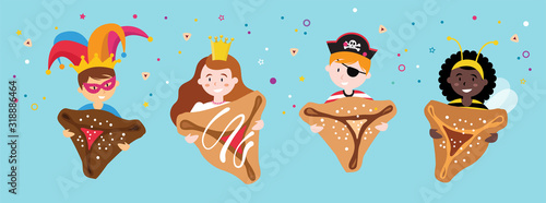 happy Purim, jewish holiday. Costume banner invitation with group of kids with costumes holding sweet traditional pastry