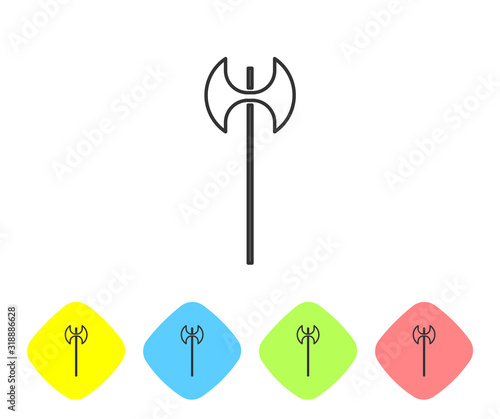 Grey line Medieval axe icon isolated on white background. Battle axe, executioner axe. Medieval weapon. Set icons in color rhombus buttons. Vector Illustration