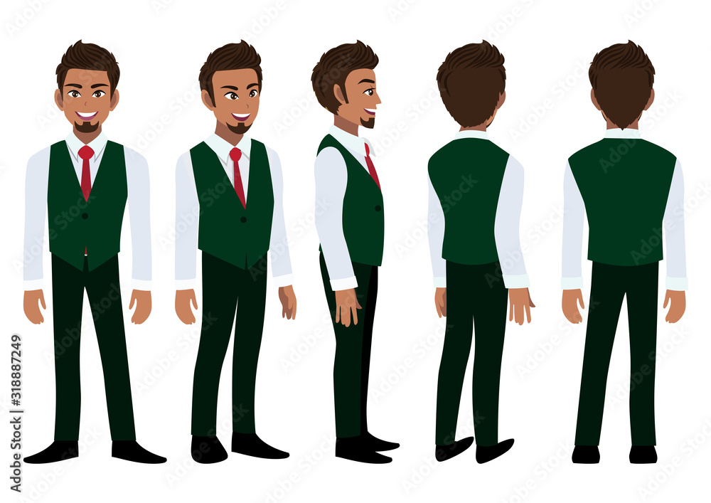 Cartoon character with American African business man in a smart shirt and waistcoat for animation. Front, side, back, 3-4 view animated character. Flat vector illustration. Cartoon character with American African business man in a smart shirt and waistcoat for animation. Front, side, back, 3-4 view animated character. Flat vector illustration.