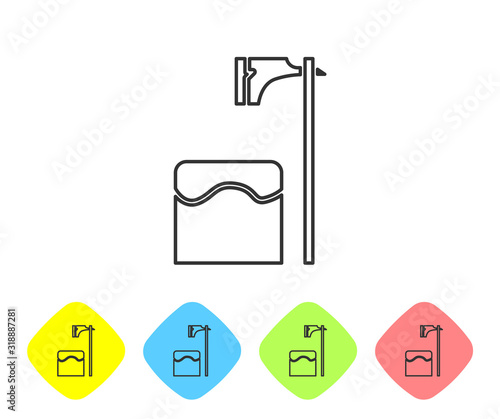 Grey line Executioner axe in tree block icon isolated on white background. Hangman, torturer, executor, tormentor, butcher, headsman. Set icons in color rhombus buttons. Vector Illustration