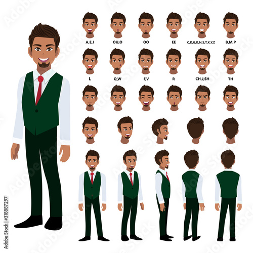 Cartoon character with business man in smart shirt and waistcoat for animation. Front, side, back, 3-4 view character. Separate parts of body. Flat vector illustration. 297