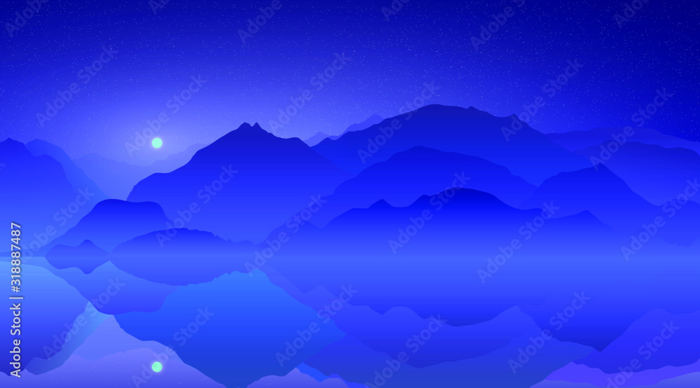 Rising of the full moon above the distang blue mountains reflected in a lake. Vector illustration, EPS 10.
