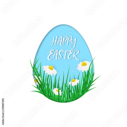 Cute vector card Happy Easter with green grass, spring flowers into the eggs. Easter poster with realistic grass meadow, blooming Bellis. Paper cut card design, template on white background.