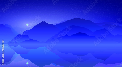 Fototapeta Naklejka Na Ścianę i Meble -  Rising of the full moon above the distang blue mountains reflected in a lake. Vector illustration, EPS 10.