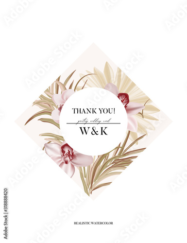 Orchids realistic art, greenery palm laves, watercolor retro spring design. Garden bloom fashion vector. Summer floral card, wedding art, cosmetics packaging design