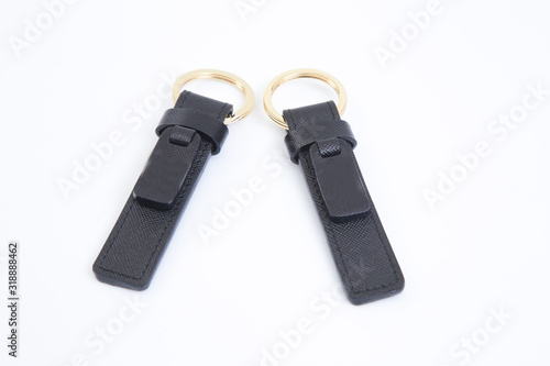 Leather key chain isolated on white background.