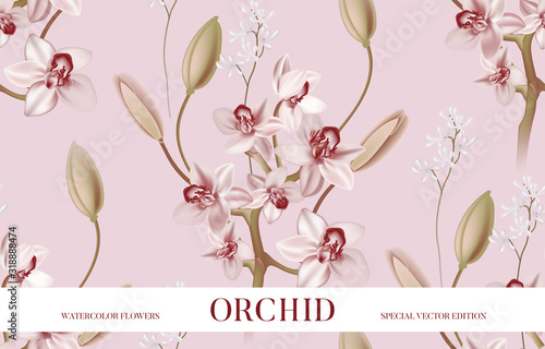 Pink ochid  tender background.  Vector realistic floral bouquet design: garden pink orchids flower, Orchidaceae with buds, soft green vackground. Wedding invite card Watercolor template photo