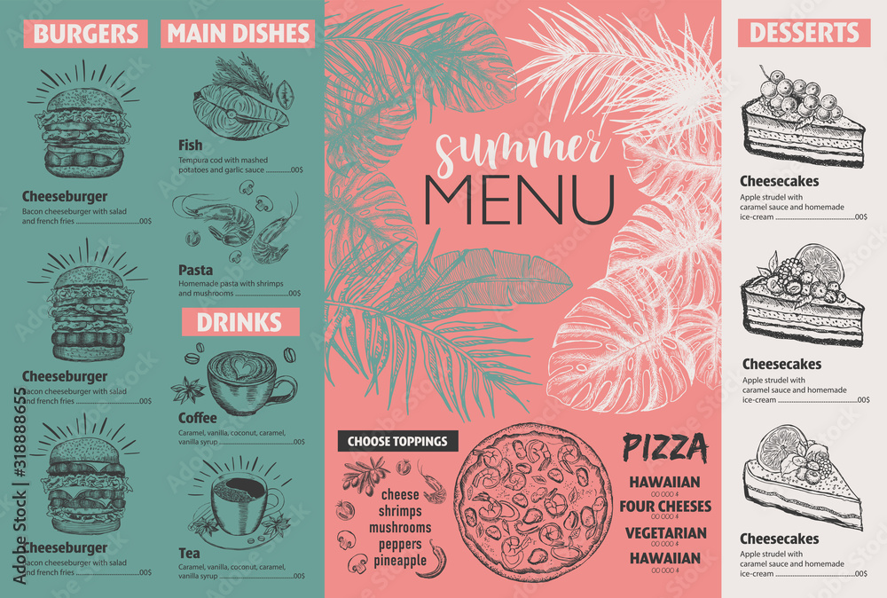 Naklejka premium Wygląd menu restauracji. Letnie menu. Ulotka żywności wektor.
