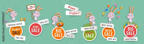 Easter sale set of round banners with cute bunnies and Easter eggs. Isolated vector clip art with amusing rabbits for festive design and advertising