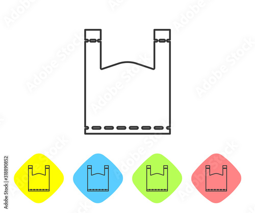 Grey line Plastic bag icon isolated on white background. Disposable cellophane and polythene package prohibition sign. Set icons in color rhombus buttons. Vector Illustration