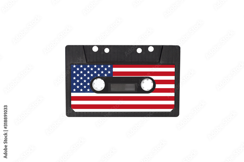 Magnetic old tape cassette for audio painted in the color of the american flag isolated on a white background. The concept of old American music of the 80s, 90s Magnetic old tape cassette for audio painted in the color of the american flag isolated on a white background. The concept of old American music of the 80s, 90s