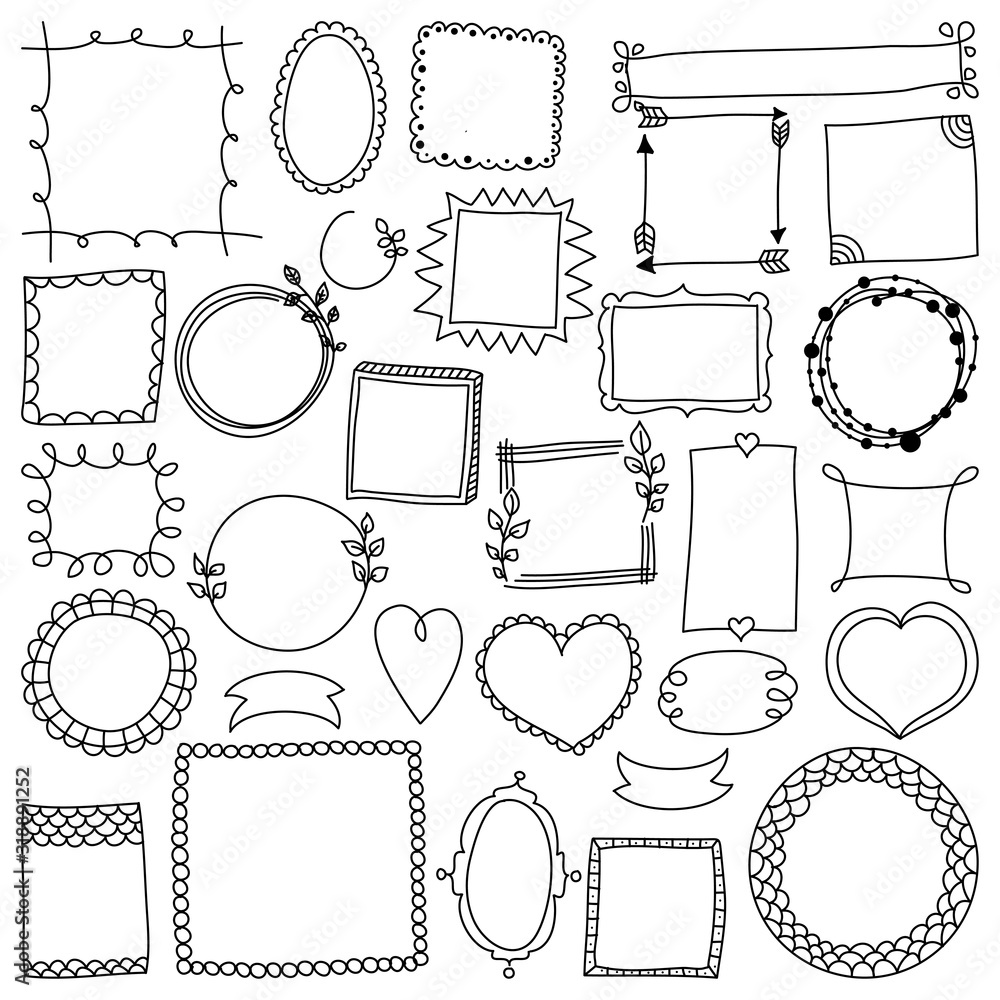 Set of cute picture frames in doodle style. Vector creative