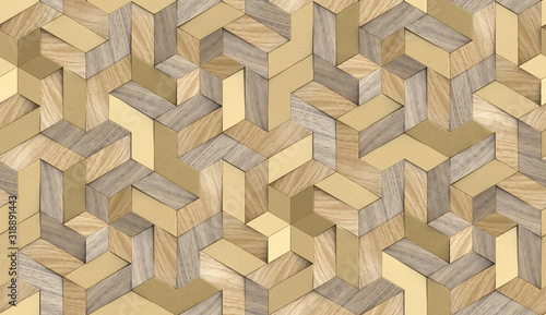3D Wallpaper mosaic of solid wood particles and luxury golden metalic elements.
