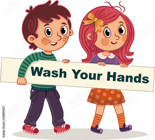 Children are holding a board with wash your hands message written on it. Isolated vector illustration.