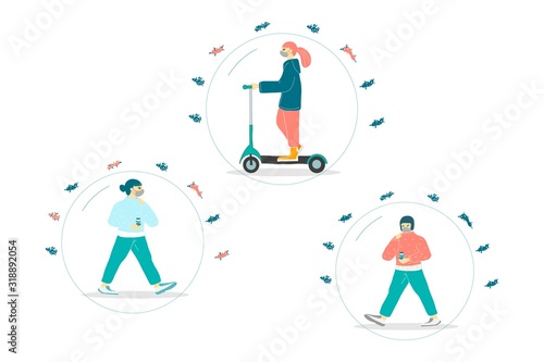 Chinese girls walk around the city in protective masks from the coronavirus and in the hands of vitamins.