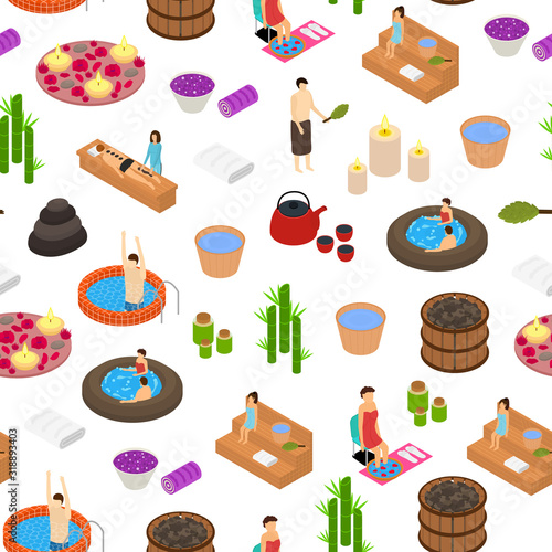 Bath House Concept Seamless Pattern Background 3d Isometric View. Vector