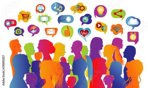 Connecting group of multiethnic people who socialize communicate and share information. Communication and sharing. Crowd that speaks. Social media network. Virtual contacts. Speech bubble