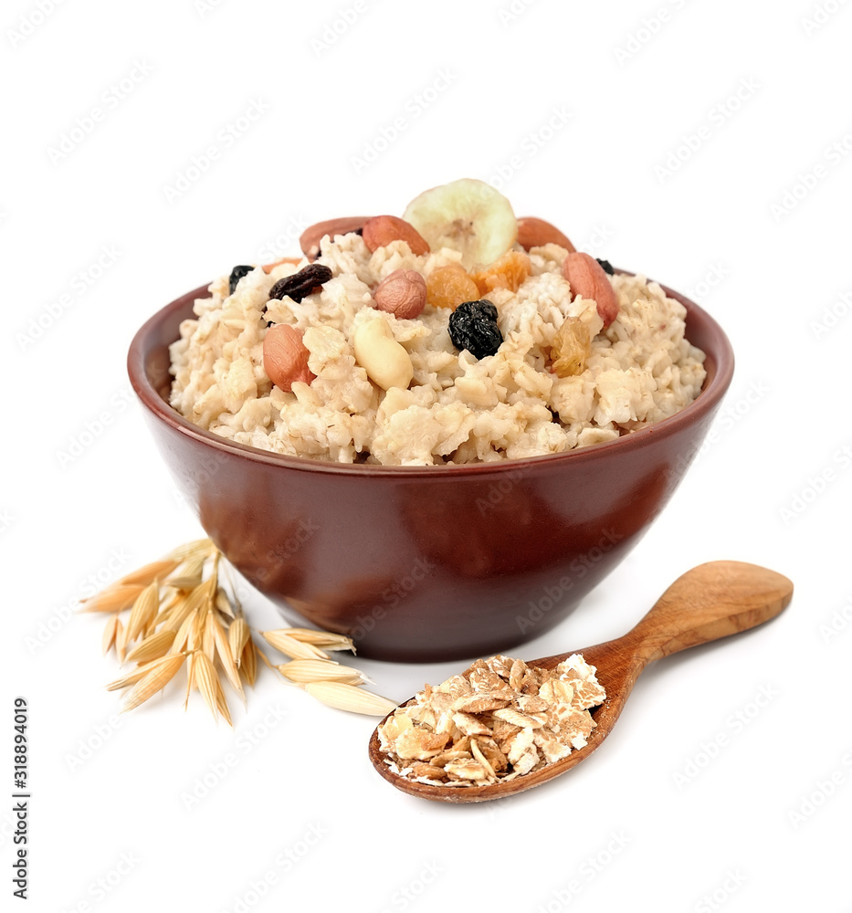 Oatmeal porridge isolated on white backgrounds.
