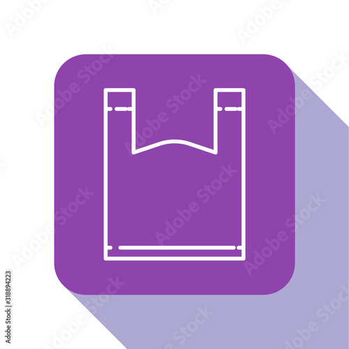 White line Plastic bag icon isolated on white background. Disposable cellophane and polythene package prohibition sign. Purple square button. Vector Illustration