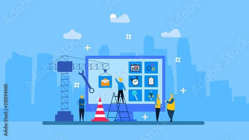Website is under construction with Tiny People Character Concept Vector Illustration  Suitable For web landing page Wallpaper  Background banner Book Illustration
