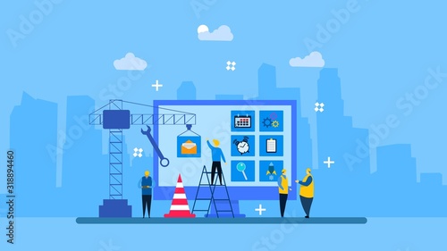 Website is under construction with Tiny People Character Concept Vector Illustration, Suitable For web landing page,Wallpaper, Background,banner,Book Illustration