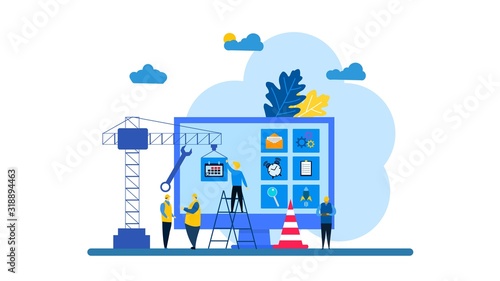 Website is under construction with Tiny People Character Concept Vector Illustration, Suitable For web landing page,Wallpaper, Background,banner,Book Illustration