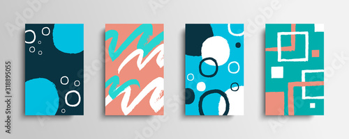 Collection of covers with color brush strokes. Set of artistic creative cards with hand drawn shapes. Vector illustration.