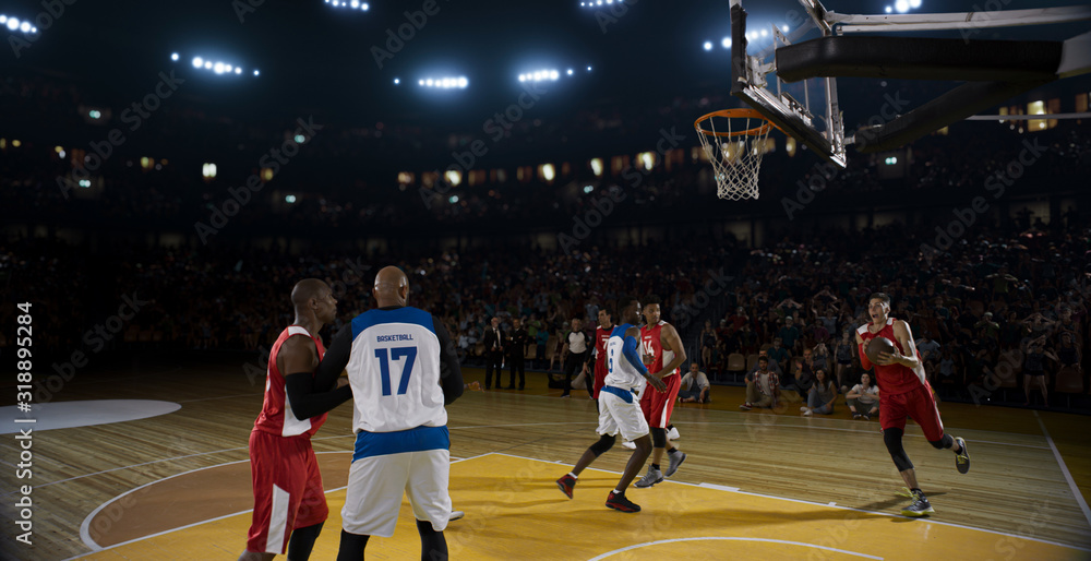 Fototapeta premium Basketball players on big professional arena during the game. Tense moment of the game.