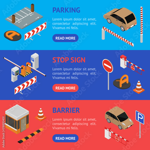 Parking Elements Concept Banner Horizontal Set 3d Isometric View. Vector